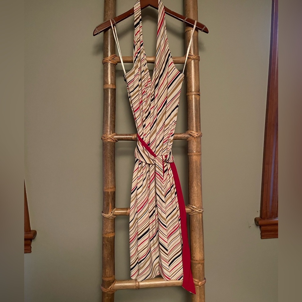 BCBGMaxAzria Striped Halter Midi Dress with Red Accent